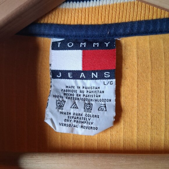 Vintage 1990s Tommy Jeans Shirt Men L Ribbed Knit Gold Long Sleeve V Neck - Picture 7 of 9